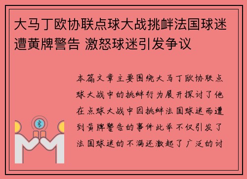 大马丁欧协联点球大战挑衅法国球迷遭黄牌警告 激怒球迷引发争议
